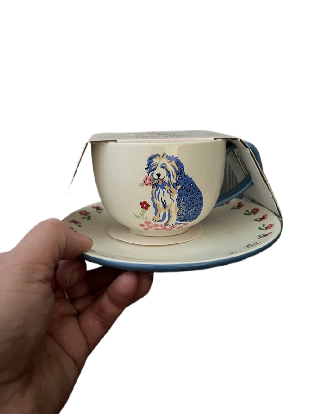 Cath Kidston "The Collector" Dog Floral Blue Teacup and Saucer Set.